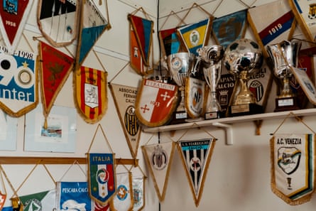Trophies and opponents’ pennants are displayed inside the offices of the stadium in the town of Castel di Sangro.