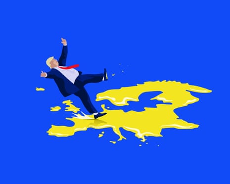 illustration of Donald Trump slipping on map of Europe