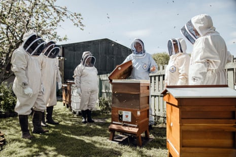 People in protective clothing look on as another demonstrates how a beehive works