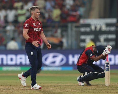 Sam Curran celebrates after staving off Nepal’s dramatic run chase in the final over.