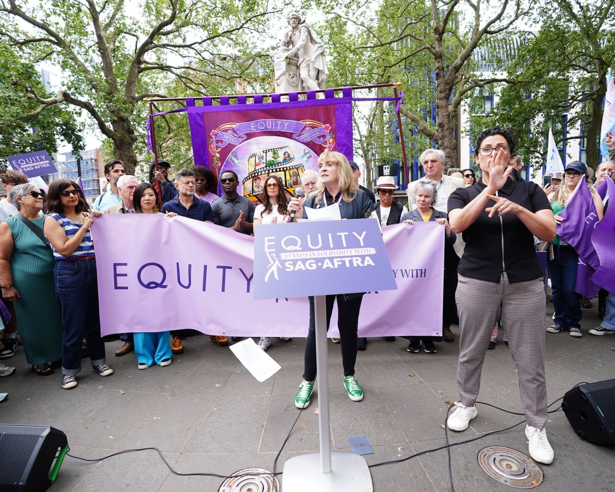 Lynda Rooke speaks during a protest by members of the British actors union Equity