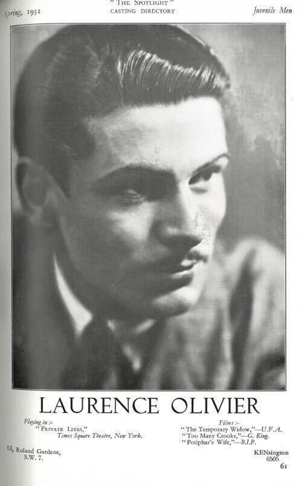 Laurence Olivier’s Spotlight listing