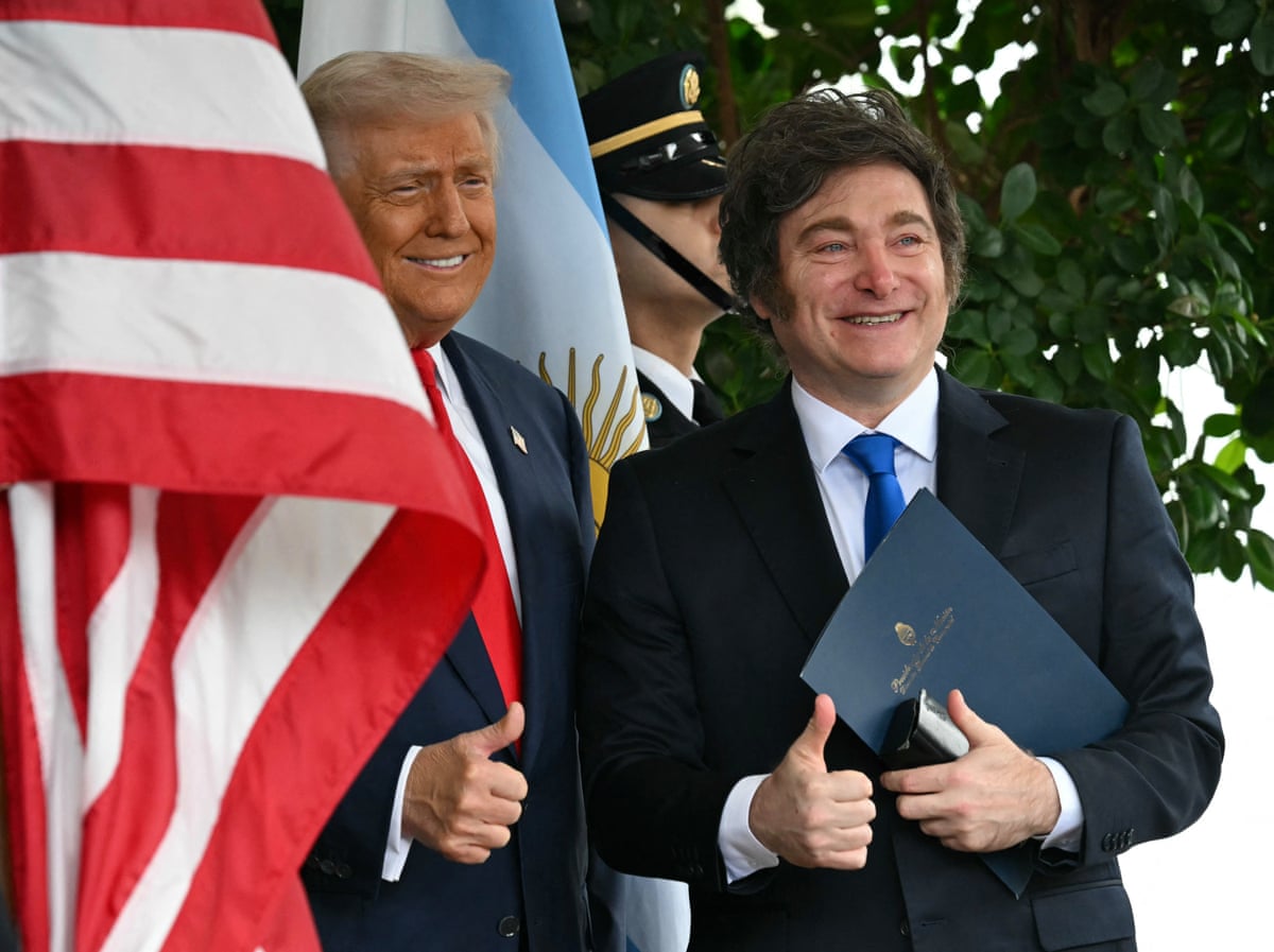 US President Donald Trump greets Argentina’s President Javier Milei at the White House in Washington DC on 14 October 2025.