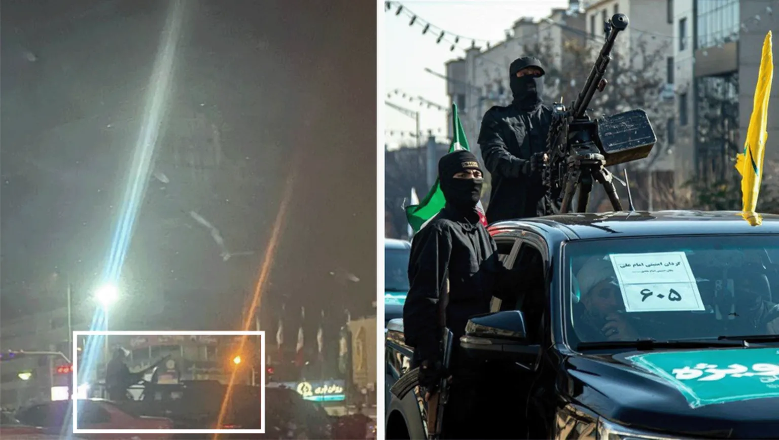 Vahid Online / Fars News Agency A composite image compares a black pickup truck with a DShKM-model machine gun mounted in the back in Tehran's Sadeghiyeh Square on the night of 8 January (left) to a nearly identical Islamic Revolutionary Guard Corps vehicle in a 2025 Imam Ali security battalion parade. 