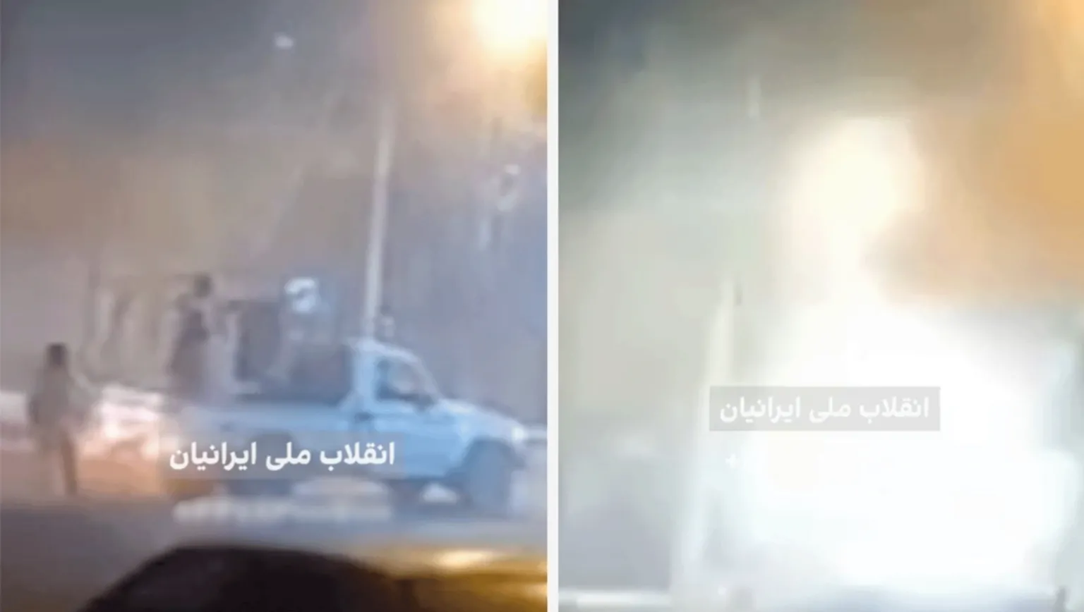 Iran International A composite image shows two screen grabs from a video published by the Iran International television network, of a machine gun mounted in the back of a white pickup truck at the 9 January protests in the city of Yazdanshahr, Isfahan province, (left) and the massive muzzle fire when it is fired.