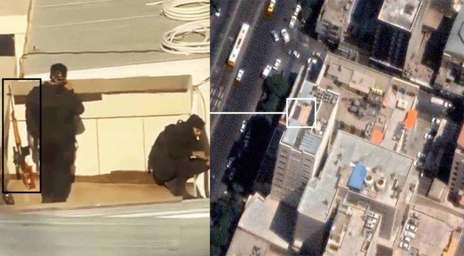 Obtained by Persian A composite image shows a screen grab from a video of the 9 January protests verified by Persian, showing two figures in black tactical uniforms of the type worn by several branches of the security forces, including the IRGC, on a hotel rooftop, with a Dragunov sniper rifle (SVD) leaning against a wall (left), and their position displayed on an aerial photograph of the north-eastern city of Mashhad.