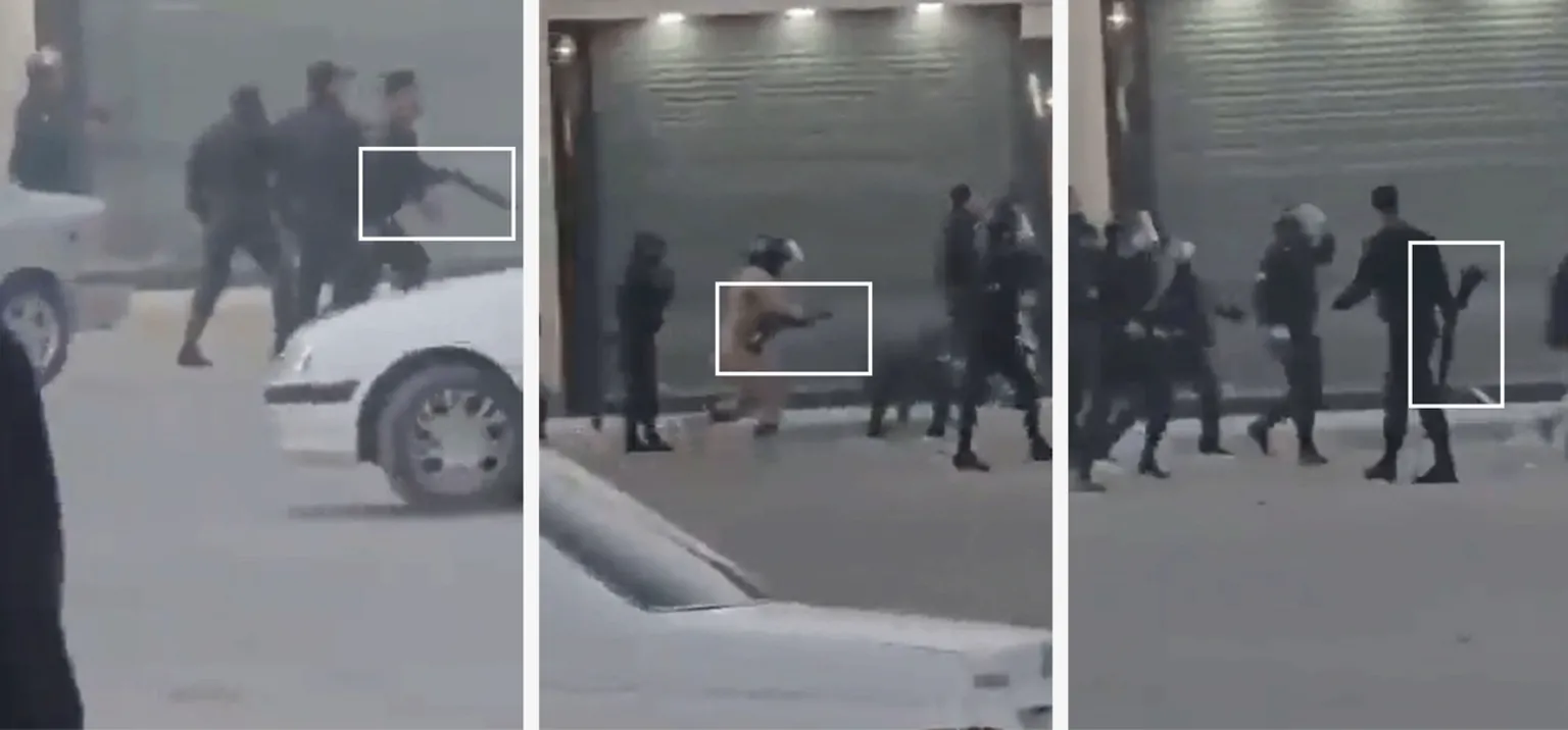 Vahid Online A composite image shows three screen grabs from verified footage from Abadan, western Iran, on 7 January, showing police officers with shotguns deployed on streets during protests.