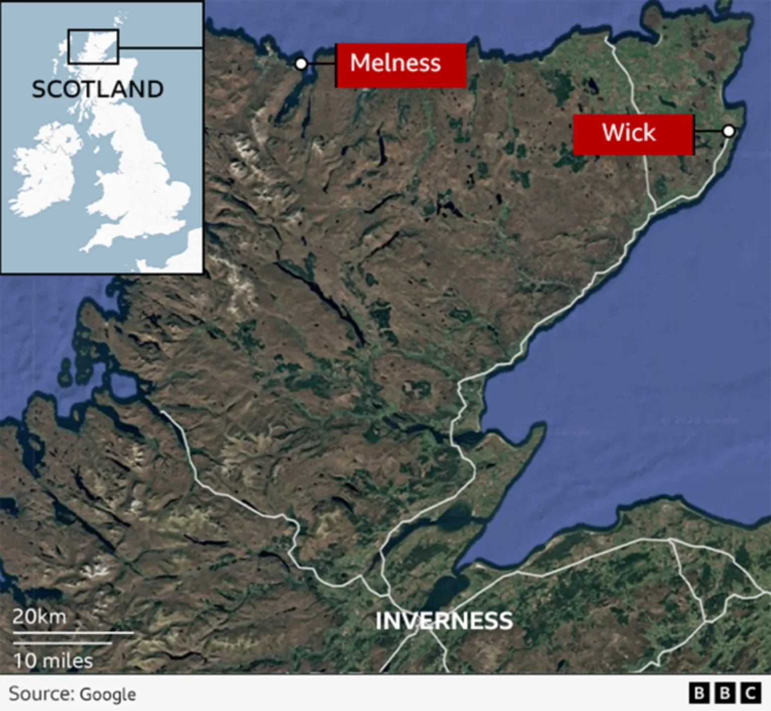 A map of the north of Scotland showing the township of Melness, the town of Wick and the city of Inverness. 