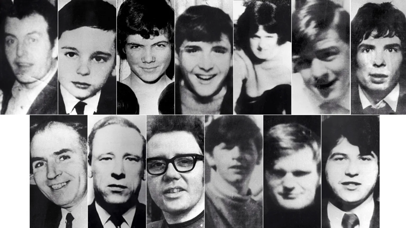 A collage of black and white photographs of the 13 people killed on Bloody Sunday. The victims, top row (l to r): Patrick Doherty, Gerald Donaghey, John Duddy, Hugh Gilmour, Michael Kelly, Michael McDaid and Kevin McElhinney. Bottom row : Bernard McGuigan, Gerard McKinney, William McKinney, William Nash, James Wray and John Young