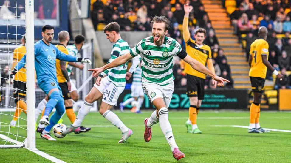 Celtic's Benjamin Nygren celebrates scoring against Livingston