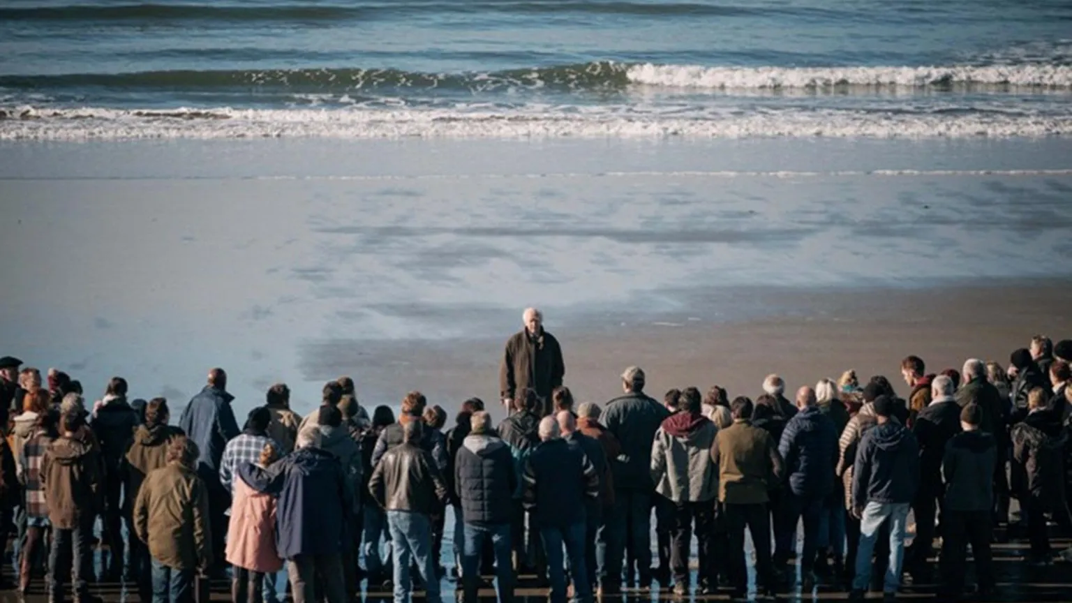 Sky A crowd are gathered on the beach, looking out to sea as Sir Jonathan Pryce's character looks back at them, with the waves behind him.