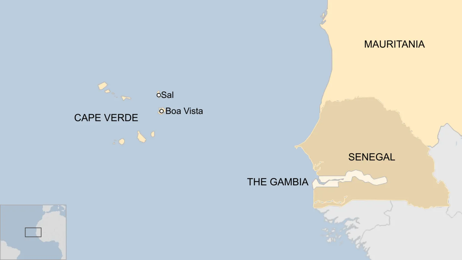 A map showing the islands of Sal and Boa Vista in Cape Verde, and its relative location to Mauritania, Senegal and The Gambia in West Africa.