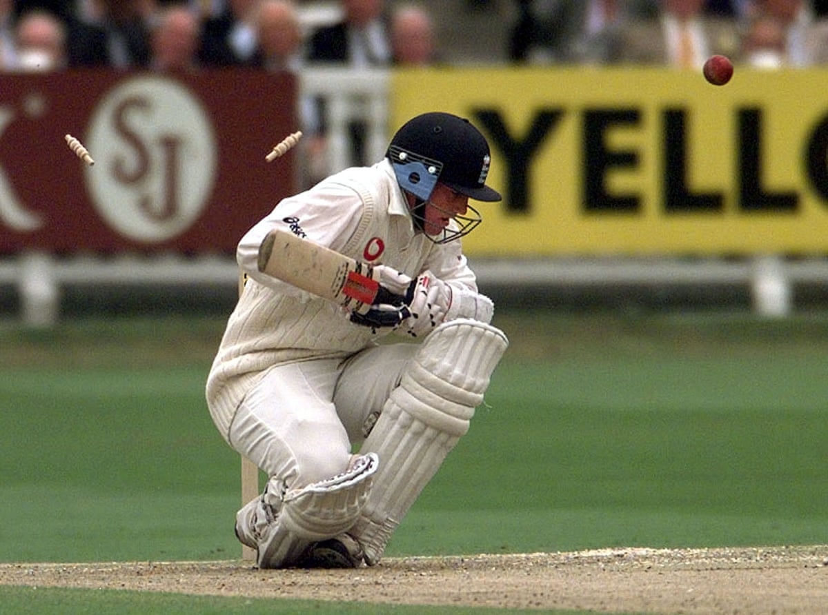 Chris Read is bowled by New Zealand’s Chris Cairns for nought during the first day of the second test at Lord’s in 1999