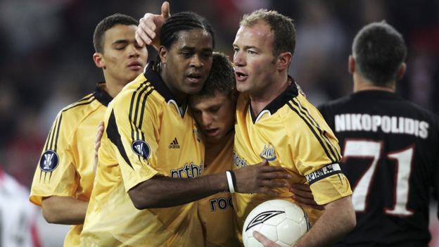 Newcastle's Patrick Kluivert, James Milner and Alan Shearer celebrate after Newcastle score against Olympiacos in the Uefa Cup in 2005