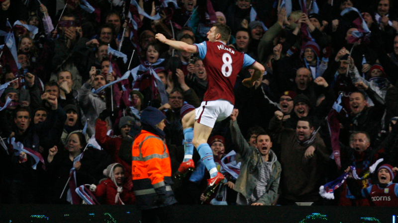 Aston Villa's James Milner celebrates scoring against Blackburn Rovers during the League Cup semi-final tie at Villa Park in 2010