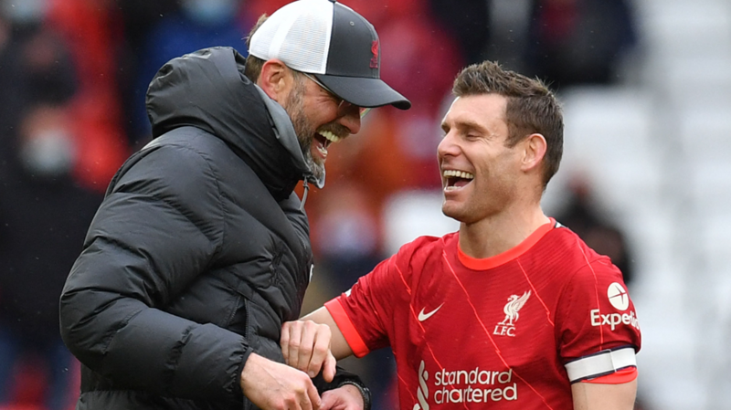 James Milner with Liverpool manager Jurgen Klopp after a 2-0 win over Crystal Palace on the final day of the 2020-21 season