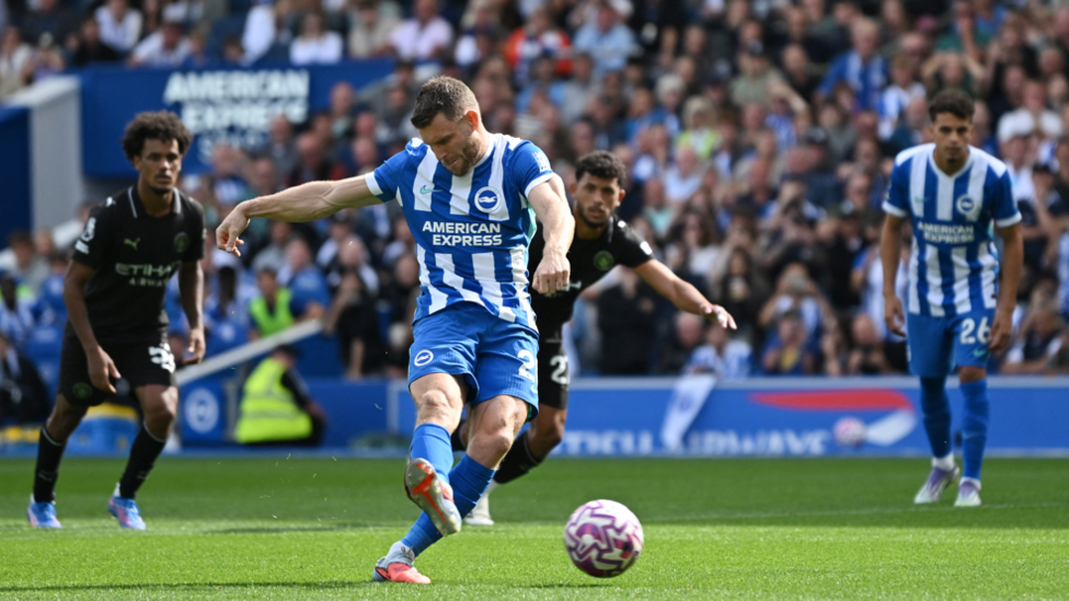 James Milner scores a penalty for Brighton against his former club Manchester City in the Premier League on 31 August 2025