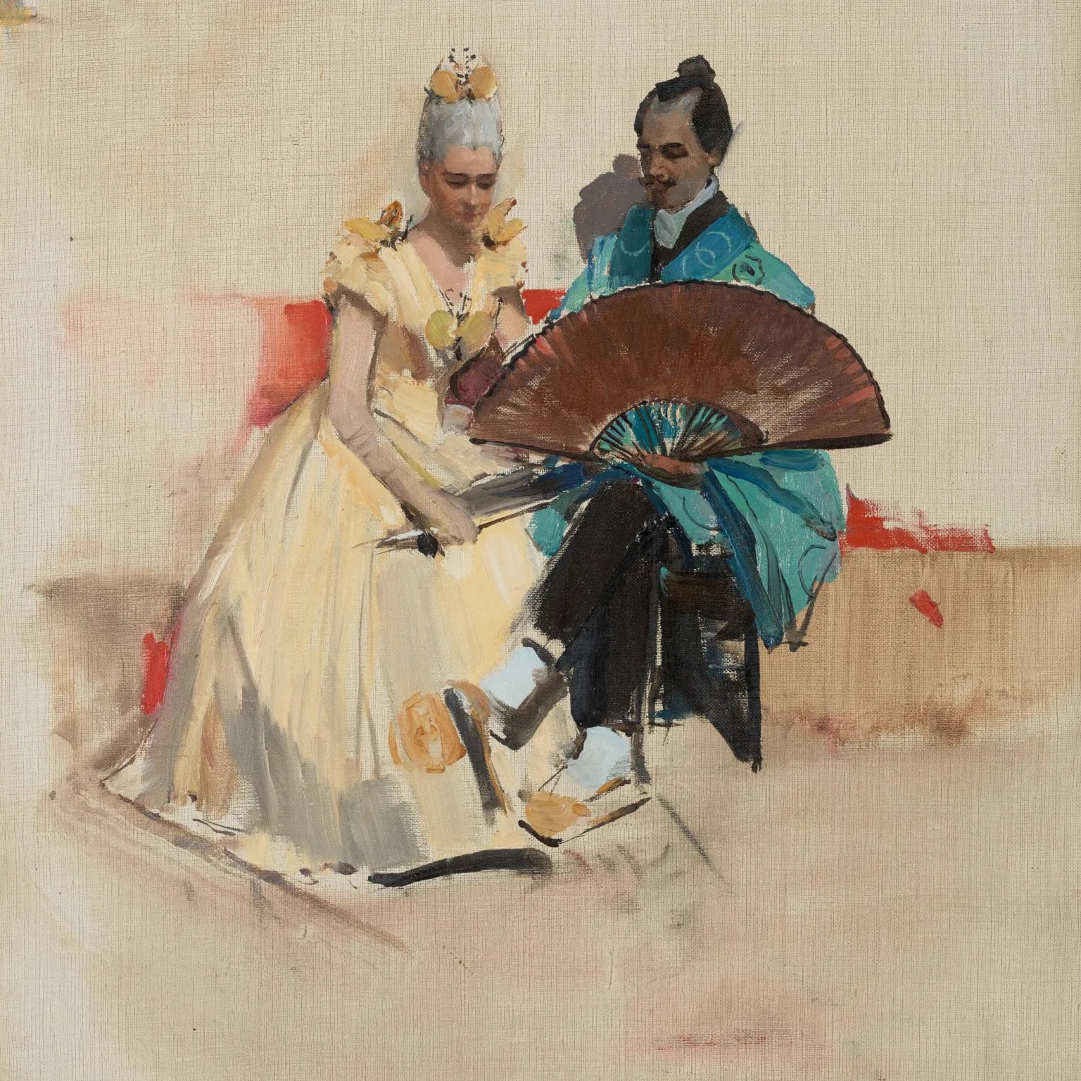 National Galleries of Scotland Sir John Lavery's painting Hokusai and the Butterfly. A woman wearing a white ballgown sits next to a man wearing a green kimono and holding a large fan.