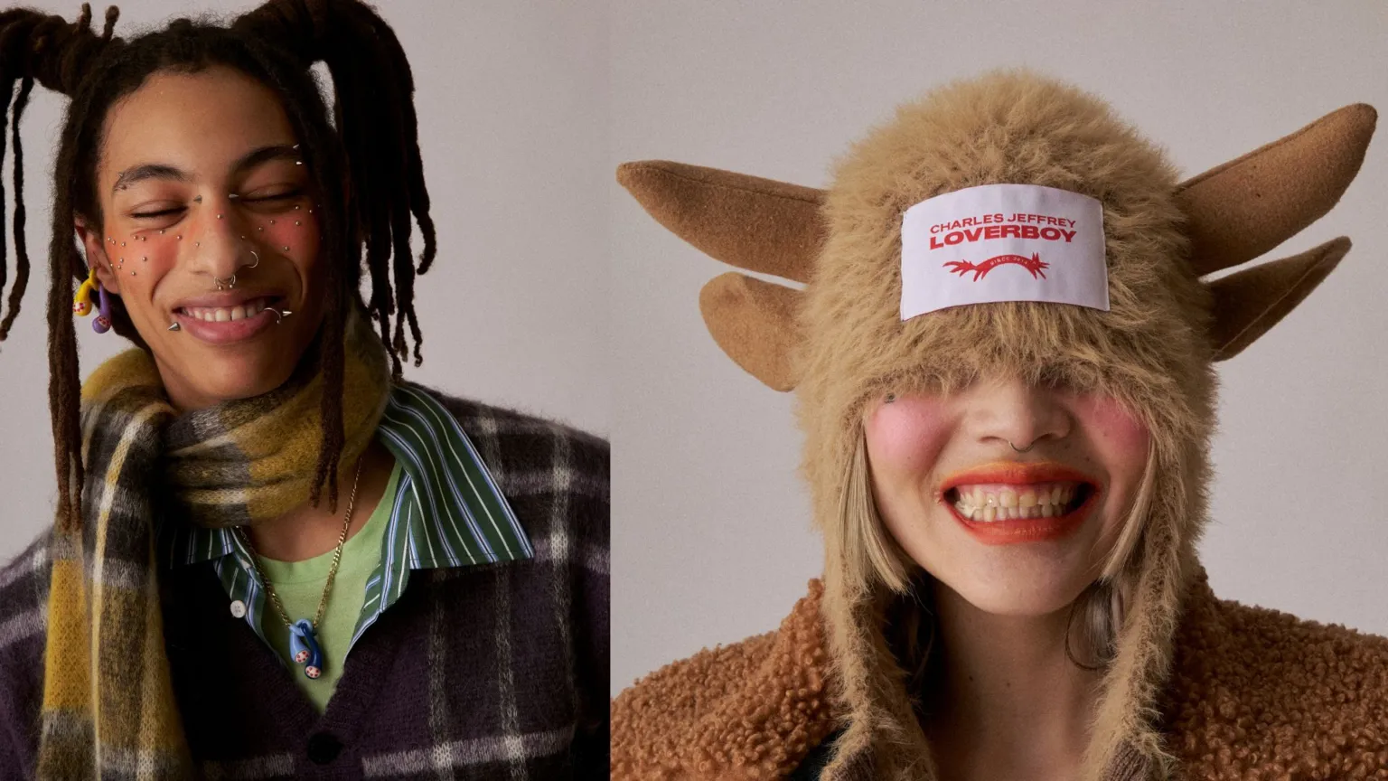 Charles Jeffrey Loverboy 2 models, 1 wearing a Scarf and 1 wearing a Highland Cow style hat.
