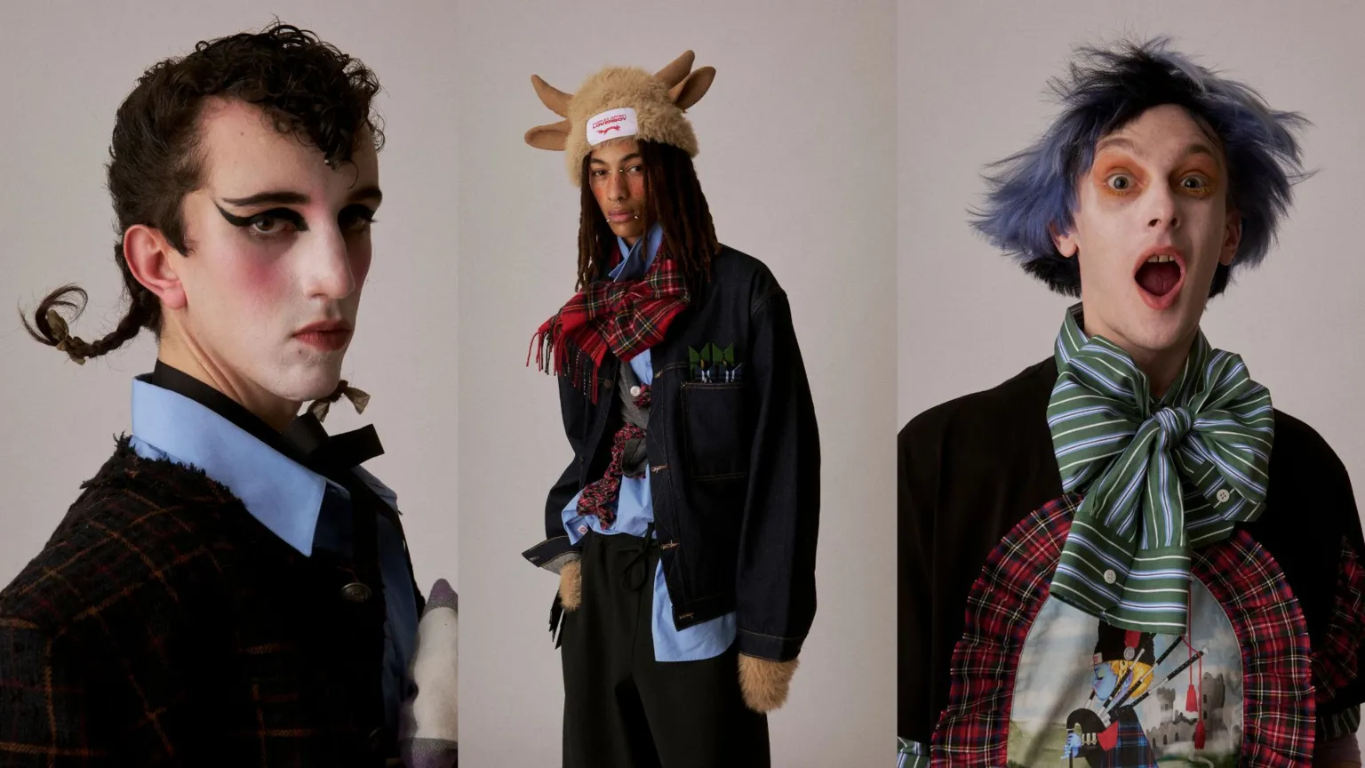Charles Jeffrey Loverboy 3 models each wearing an outfit from Charles Jeffrey's 'Thistle' collection 
