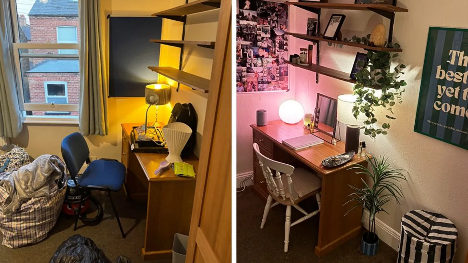 Emily Lilburn Before and after photo of a uni bedroom. The before shows a bare wooden desk with a lamp on it and shelves above. The after shows the shelves decorated with photo frames and trailing plants and a new lamp with a pink light.