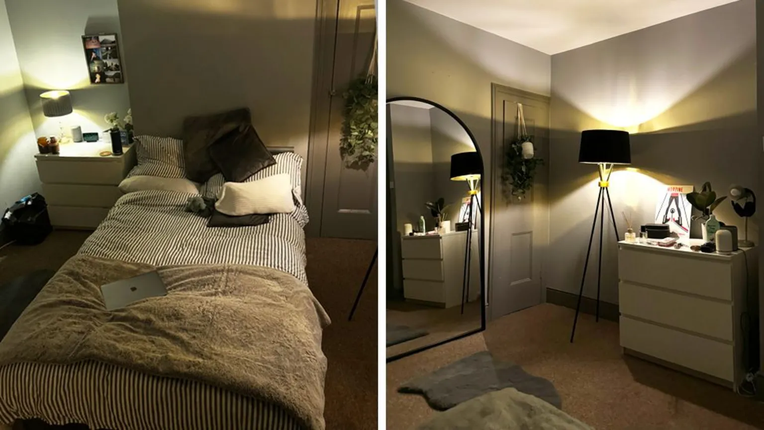 Emily Lilburn A composite image of two different angles of the same moss green bedroom, one showing the bed and the other a corner with a mirror, lamp and chest of drawers