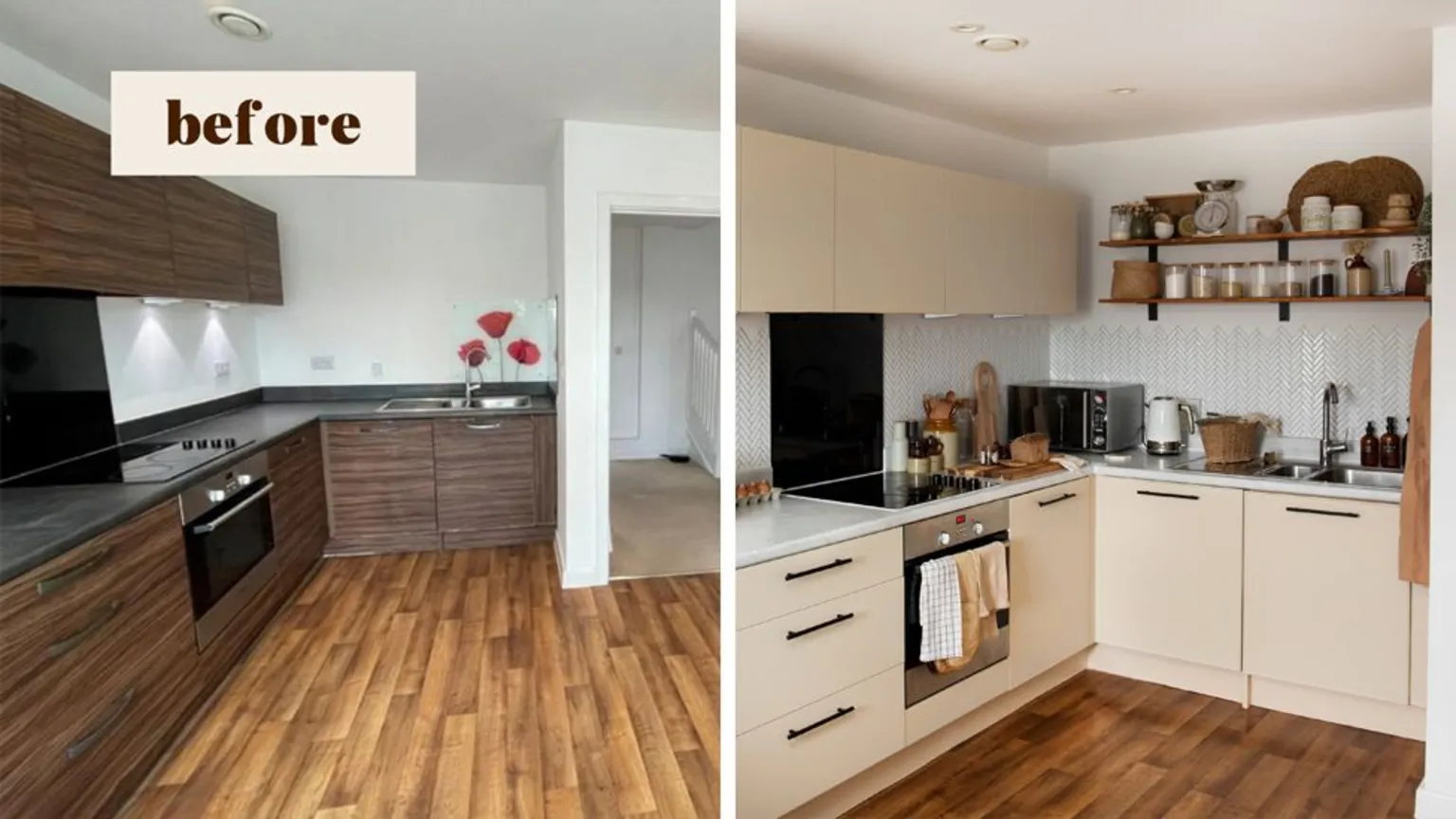 The Lovely Drawer A before and after photo of a kitchen which was all dark wood until the cupboards were covered in cream vinyl