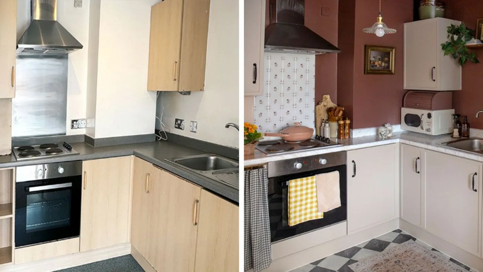 The Lovely Drawer A before and after of a kitchen that started out with cheap wood veneer cupboard doors, white walls and grey lino and ended up with cream cupboard doors, dusky pink walls and faux black and white floor tiles with lots of stylish accessories