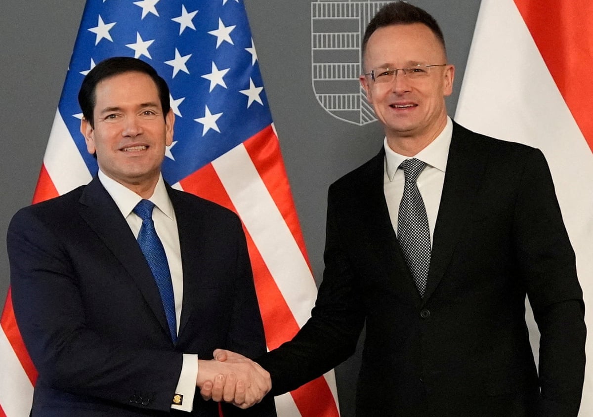 Marco Rubio shakes hands with Hungary’s foreign minister Peter Szijjarto in Budapest.