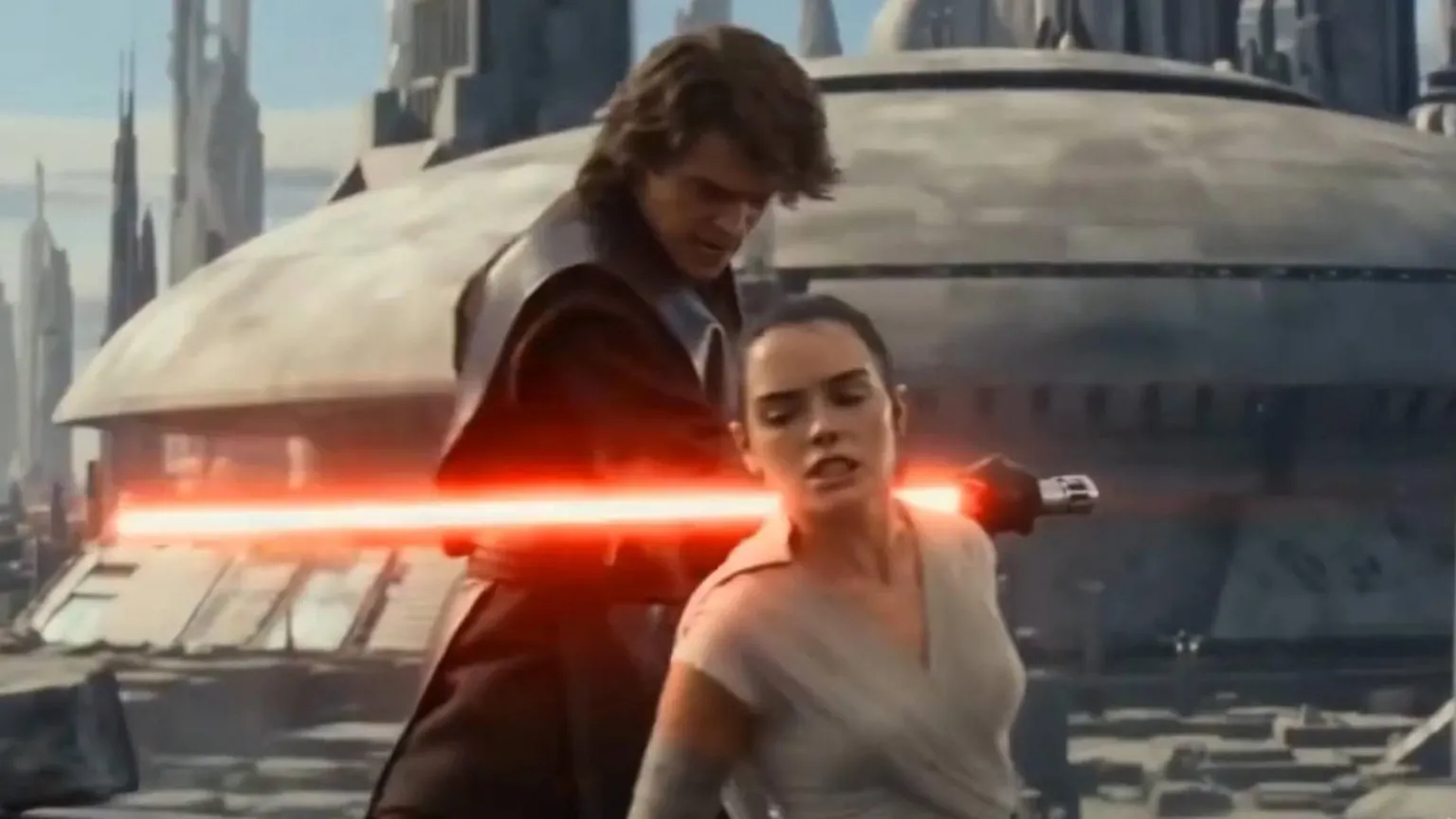 Reddit/AI-generated image An AI-generated image of Star Wars' Anakin holding a red lightsabre to the back of Rey, who is on her knees during a fight on a rooftop overlooking a fictional city