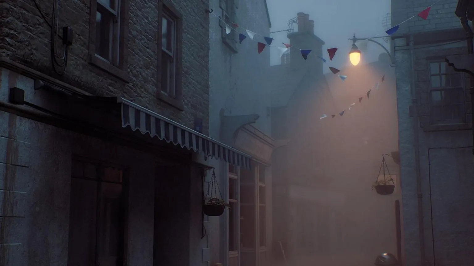 Screen Burn/Konami/Annapurna Video game graphic of a narrow street in fog with bunting and a lamppost dimly lighting the alleyway