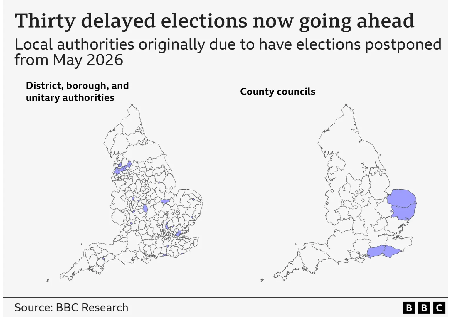 A map showing where previously delayed district, borough and unitary authority elections in England will now go ahead, and a map showing where previously delayed county council elections in England will now go ahead