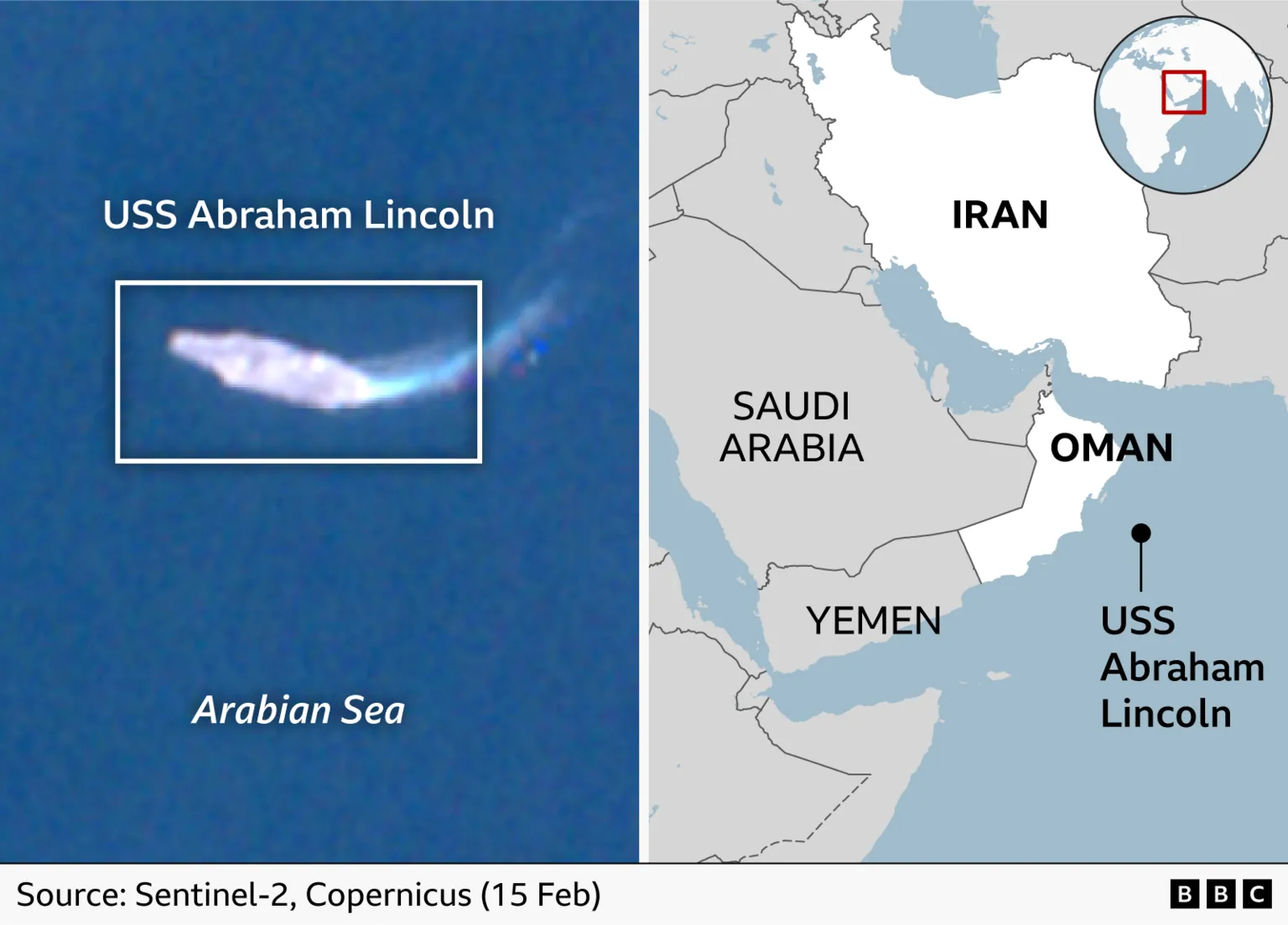 Satellite image of USS Abraham Lincoln in the Arabian Sea next to map of Iran, Saudi Arabia, Yemen and Oman showing the USS Abraham Lincoln off the coast of Oman 