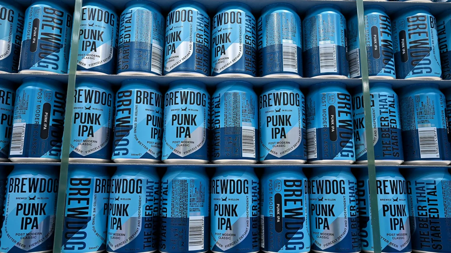  Blue cans of Brewdog Punk IPA stacked for delivery 