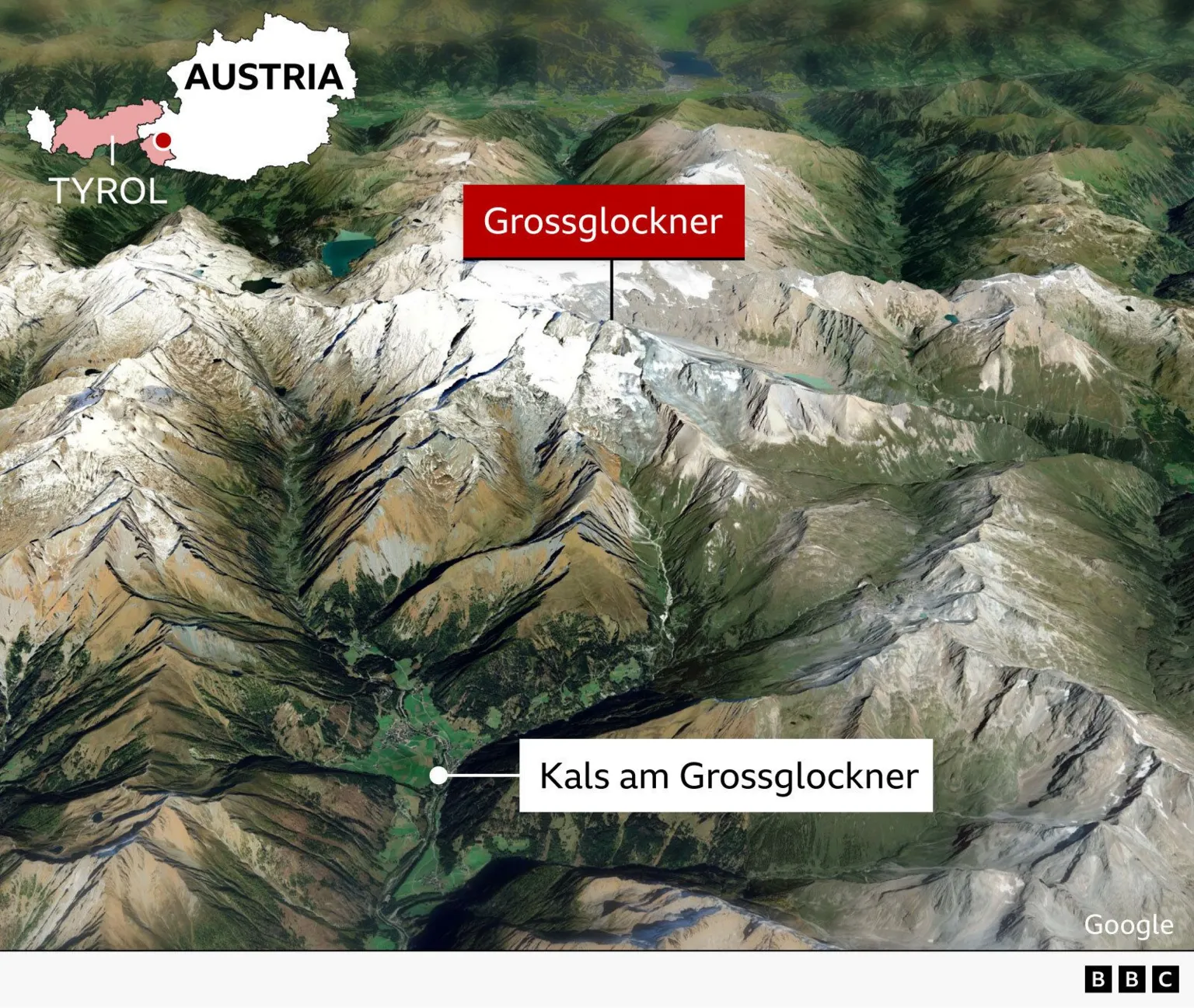 Map showing Grossglockner mountain in Austria