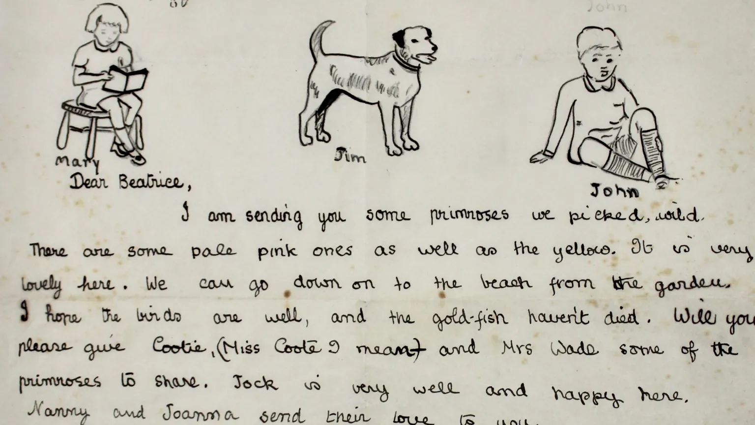 Hansons Auctioneers A handwritten letter with drawings on people, a dog, and horses on it.