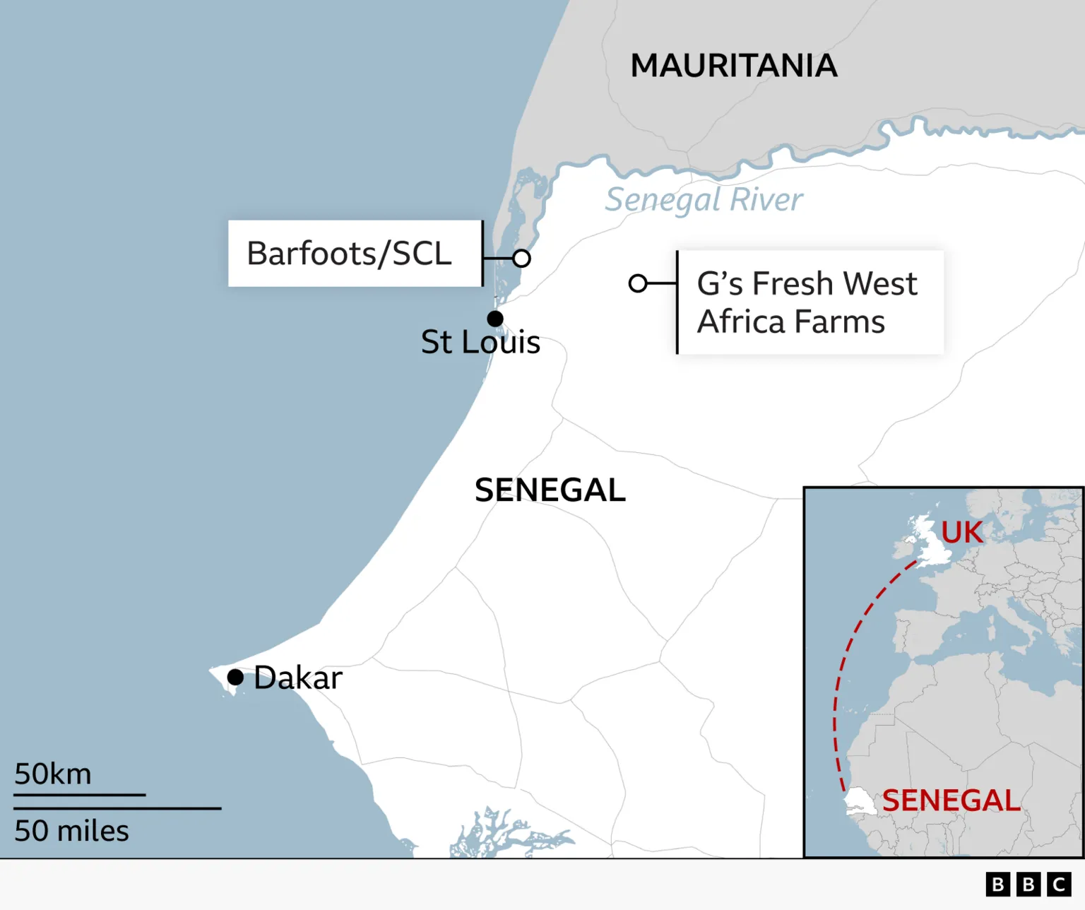 A map showing the location of the two farms in Senegal
