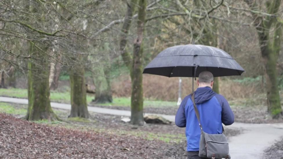 Man walks through trees with umbrella