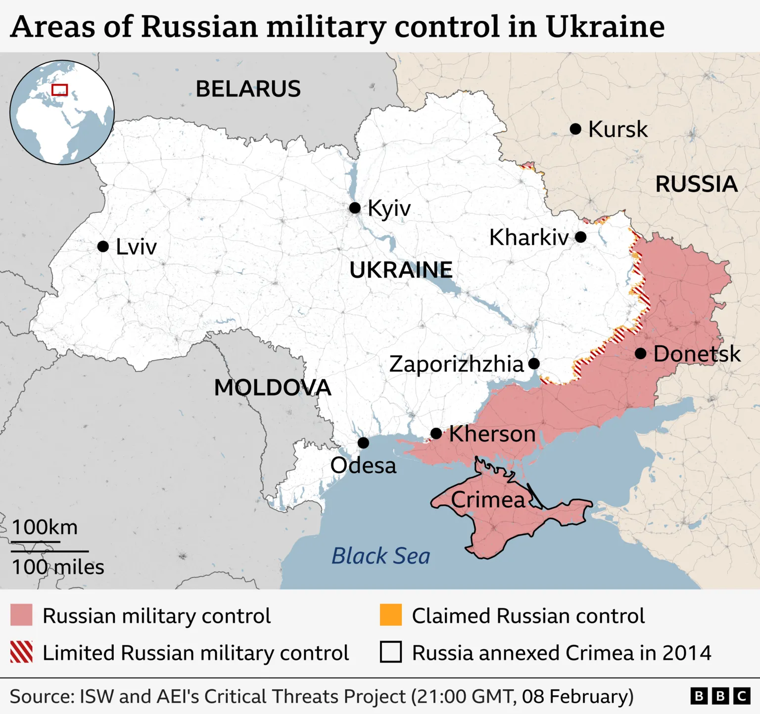 A map showing the areas of Ukraine currently held by the Russian invading force, accurate as of 21:00 GMT on 8 February 2026