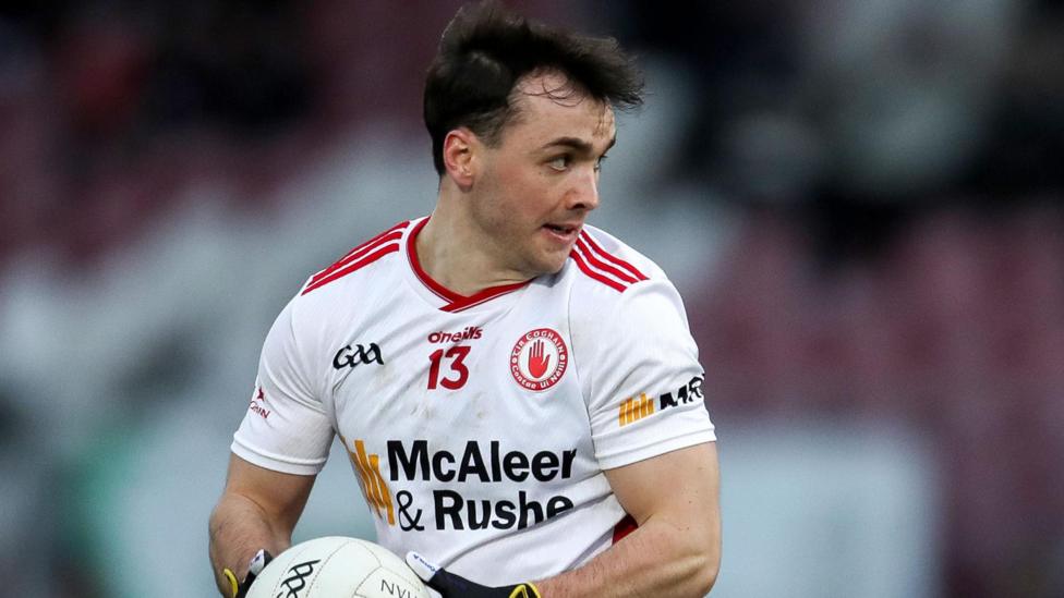 Darragh Canavan is action against Cavan at Healy Park