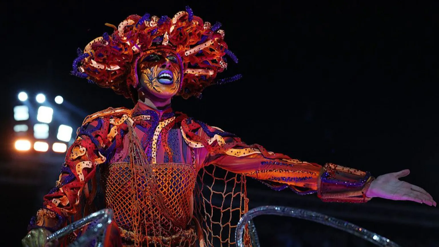  A member of Acadêmicos do Grande Rio performs during 2026 Carnival parades at Sapucai Sambodrome.
