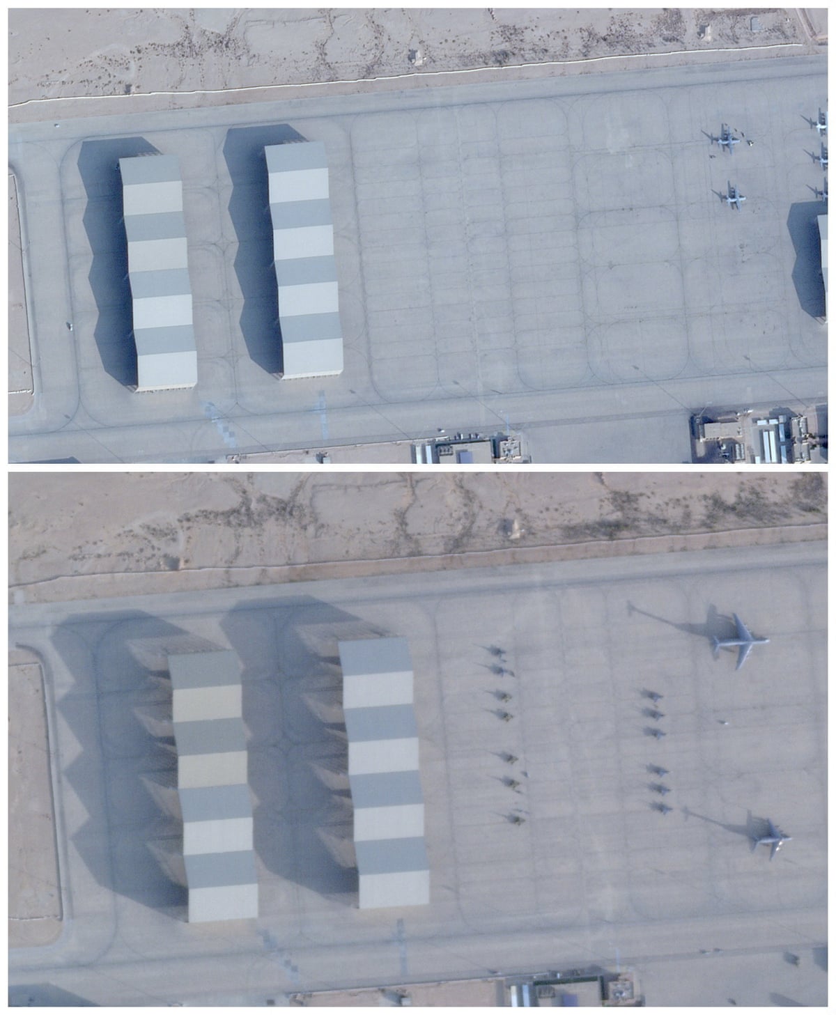 A combination of satellite images shows the Prince Sultan airbase in Saudi Arabia on 6 December last year and 2 February this year.