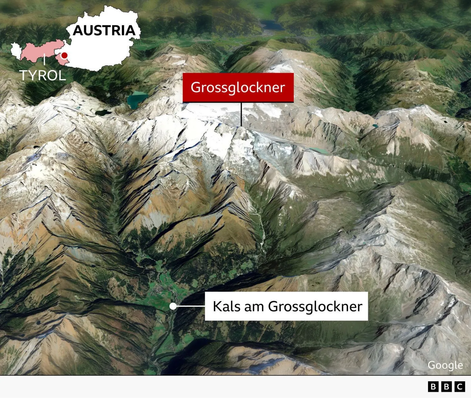 Map showing Grossglockner mountain in Austria.