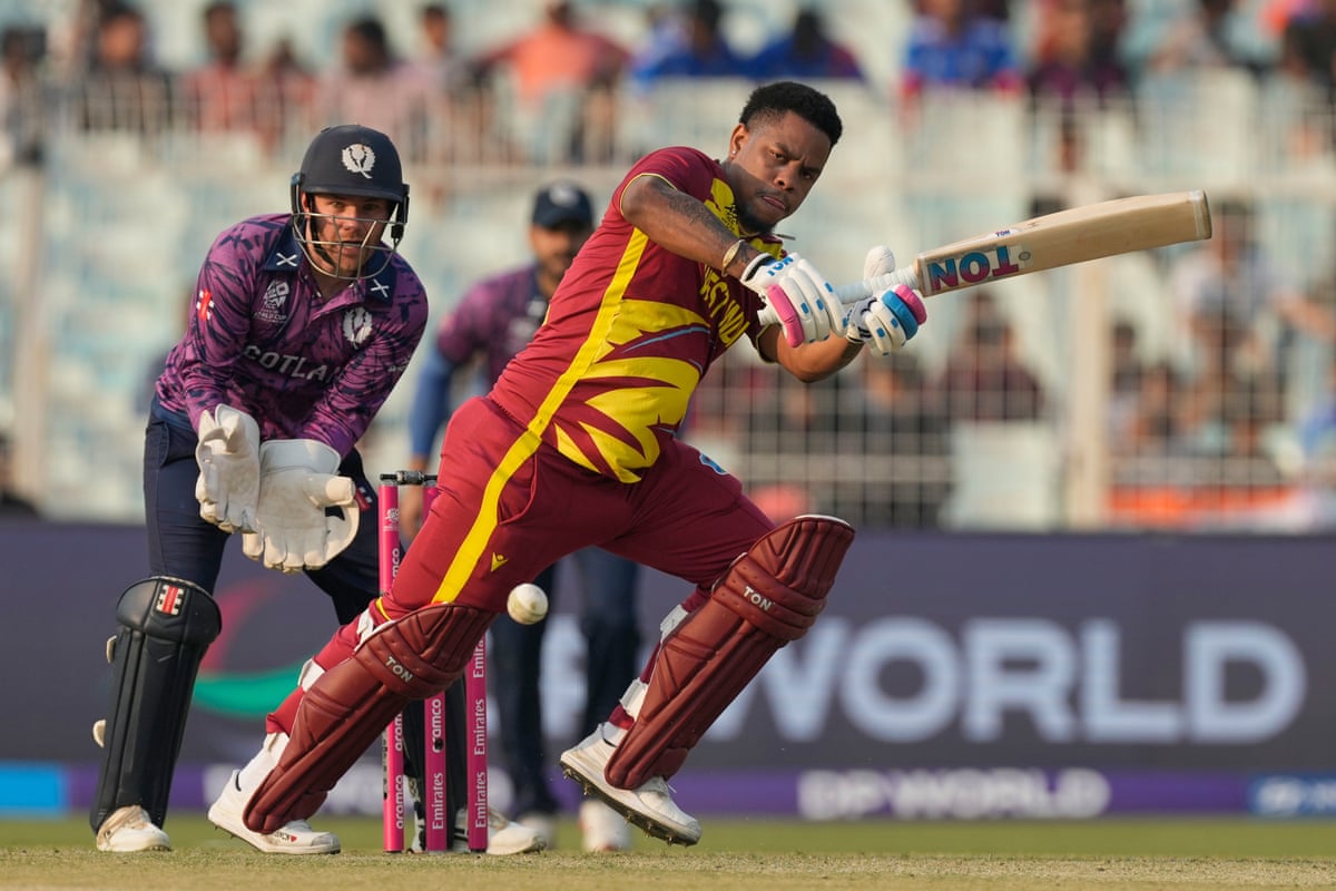 West Indies’ Shimron Hetmyer plays a shot during the T20 World Cup cricket match between Scotland and West Indies.