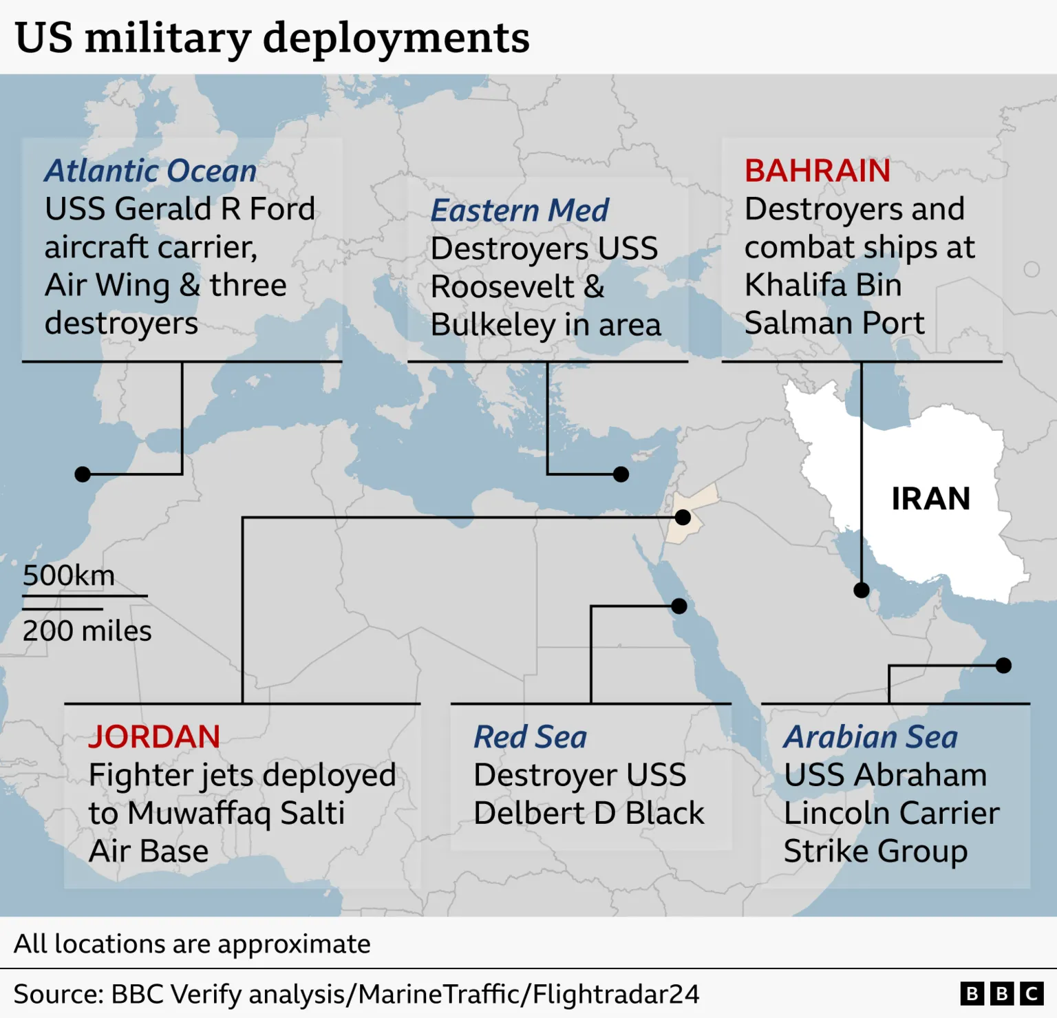 A map of the Middle East, Europe and North Africa with the locations of US military deployments marked. They are: Atlantic Ocean - USS Gerald R Ford aircraft carrier, Air Wing & three destroyers; Eastern Med - Destroyers USS Roosevelt & Bulkeley in area; Bahrain Destroyers and combat ships at Khalifa Bin Salman Port; Jordan - Fighter jets deployed to Muwaffaq Salti Air Base; Red Sea Destroyer USS Delbert D Black; and Arabian Sea - USS Abraham Lincoln carrier strike group