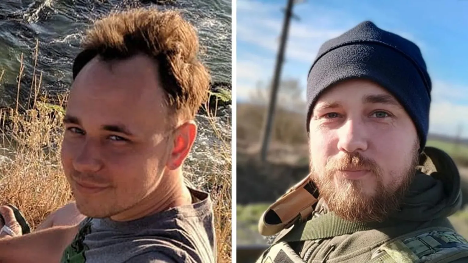 Before and after shot: 37-year-old Oleh in civilian clothing before war broke out and after in his military uniform 