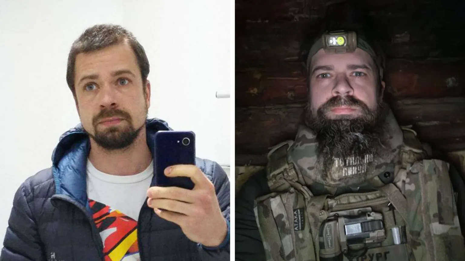 Before and after shot: 42-year-old Roman in civilian clothing before war broke out and after in his military uniform 