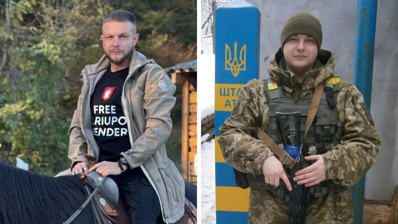 A man sits on a horse on the left, and on the right stands in full uniform