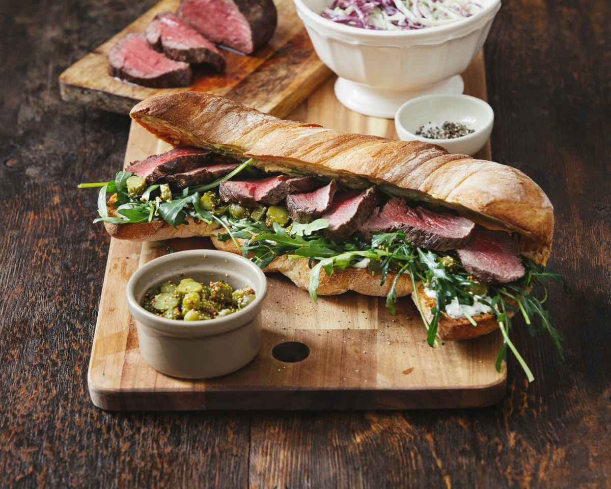 Grilled steak sandwich with cornichon relish and coleslaw