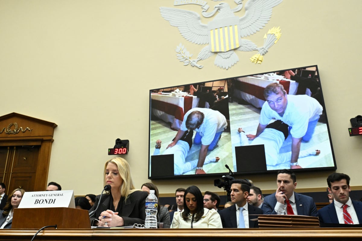 Two photos of Andrew Mountbatten-Windsor kneeling over a woman are displayed as Pam Bondi testifies during a House judiciary committee hearing 